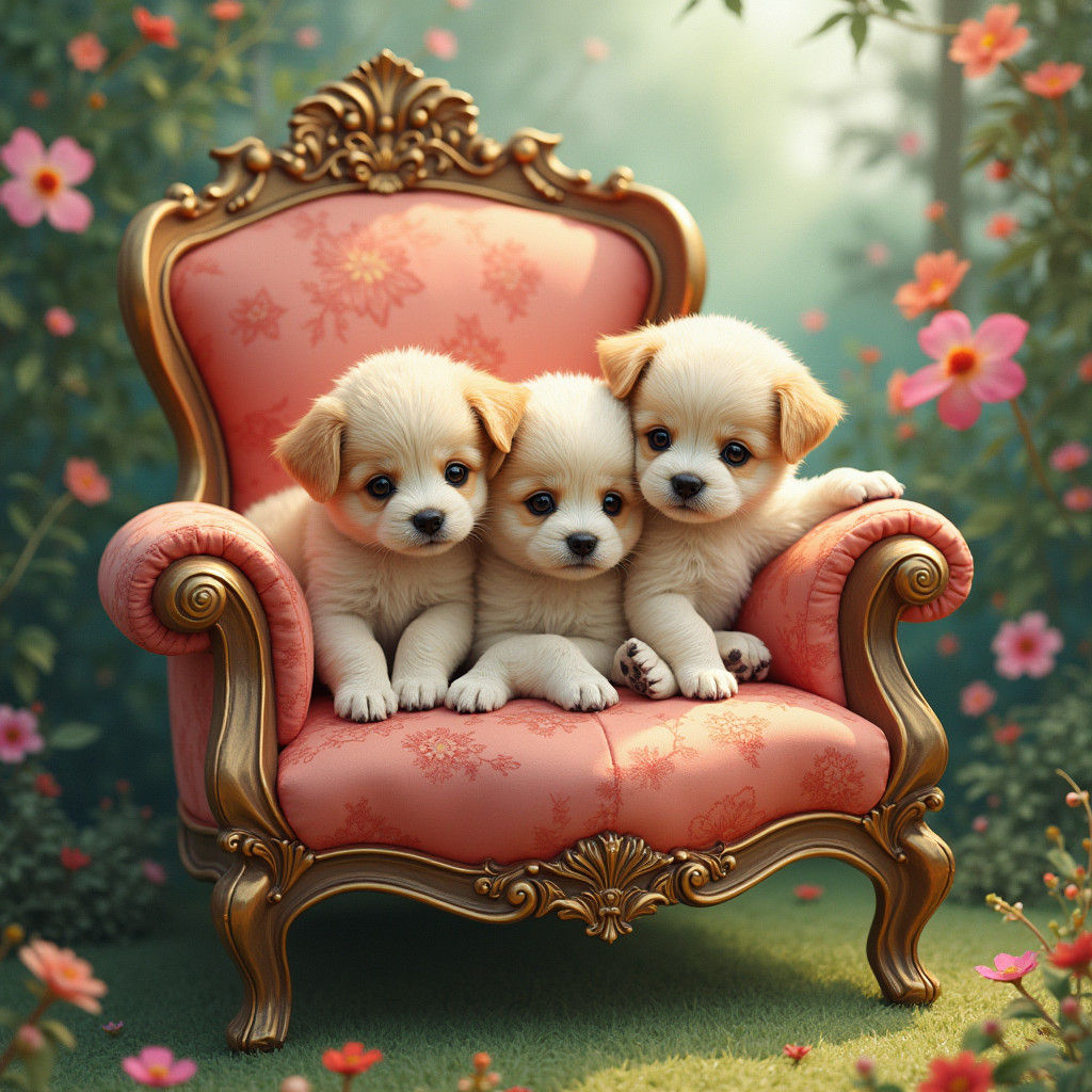 Watercolor Puppies Lounging in Fantasy Garden