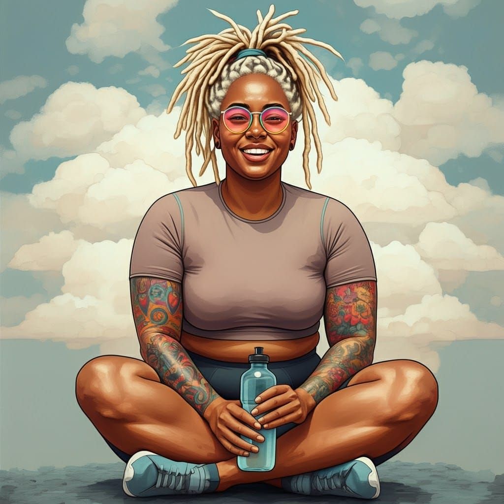 Smiling Woman with Tattoos in Impressionistic Style