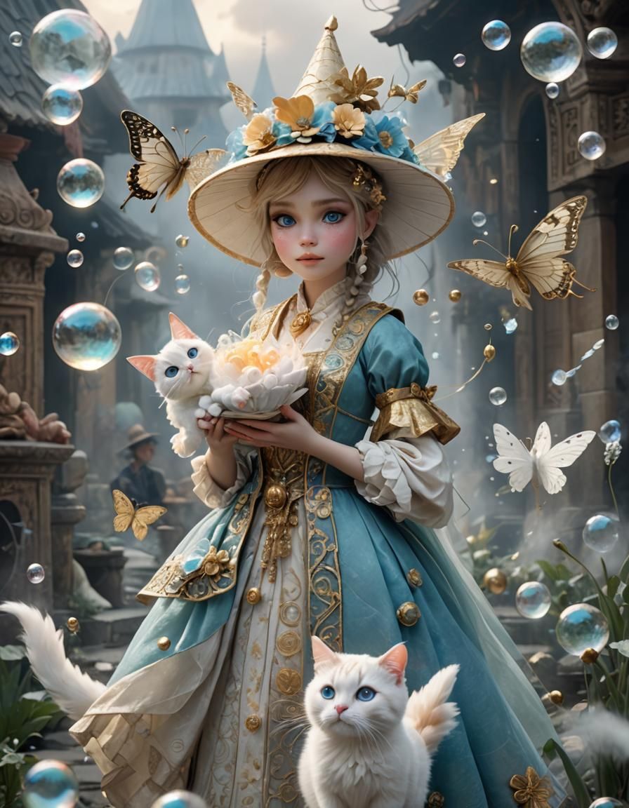 Charming Fairy with Kitten in Maximalist Watercolor Style