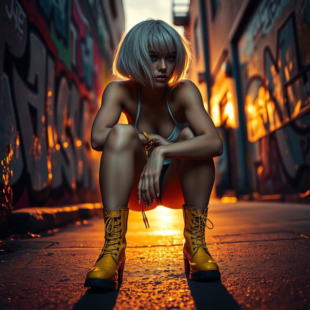 Fashionable Woman in Vibrant Alleyway at Sunset