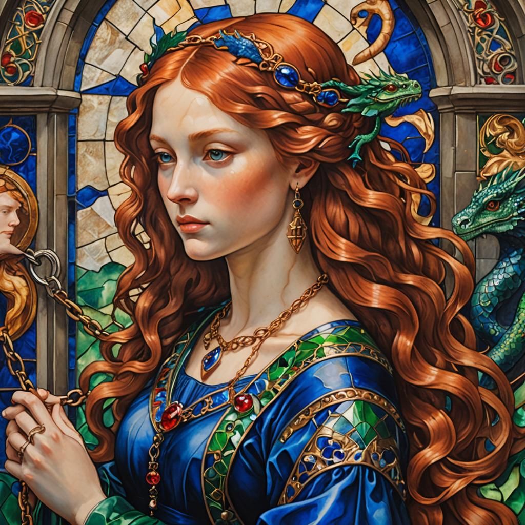 Girl with Dragon in Renaissance Painting Style