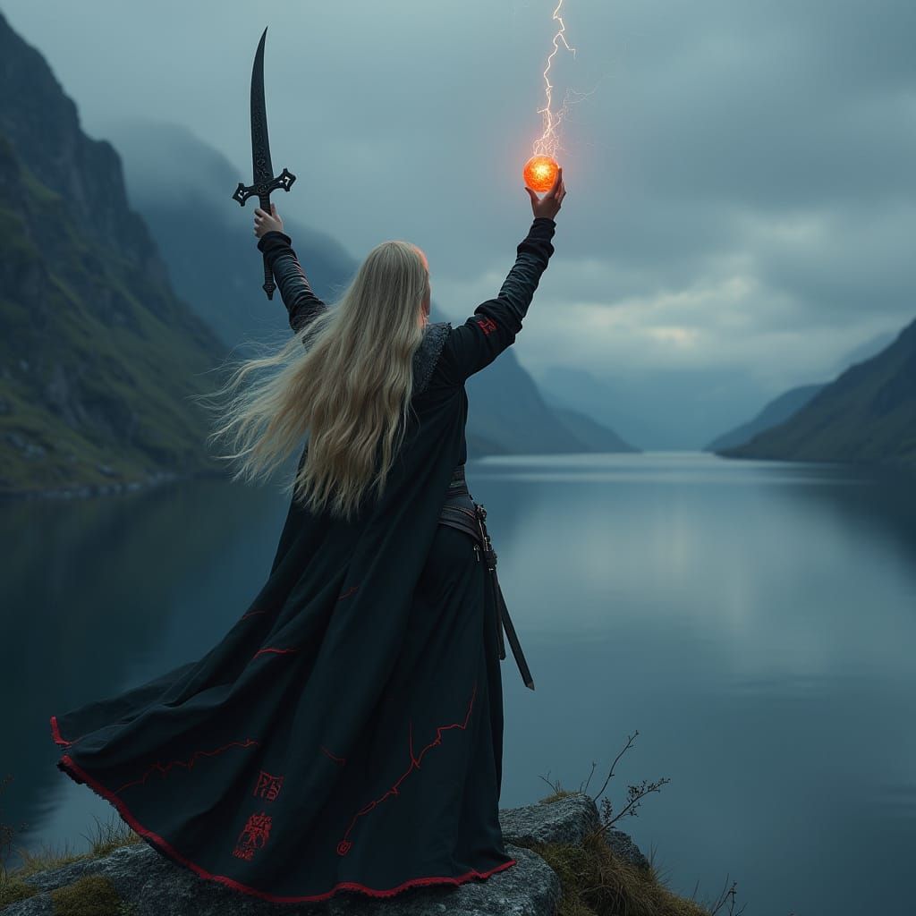 Nordic Warrior Woman at Fjord's Edge with Runed Blade