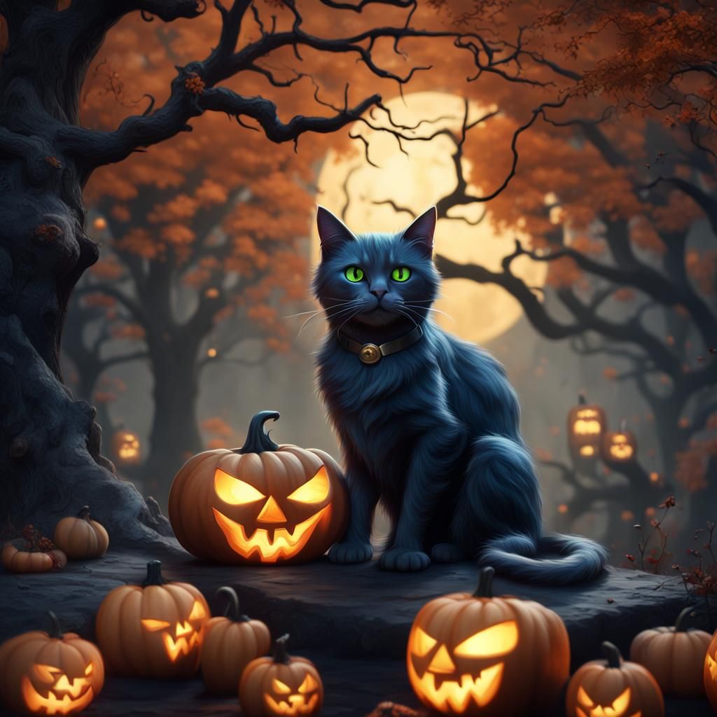 Halloween Cat in Detailed Matte Painting Style