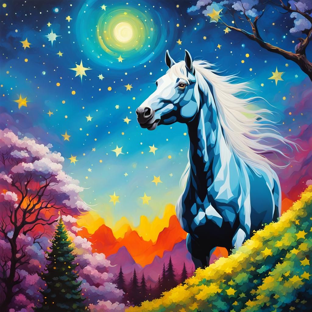 Happy white horse in the starlight