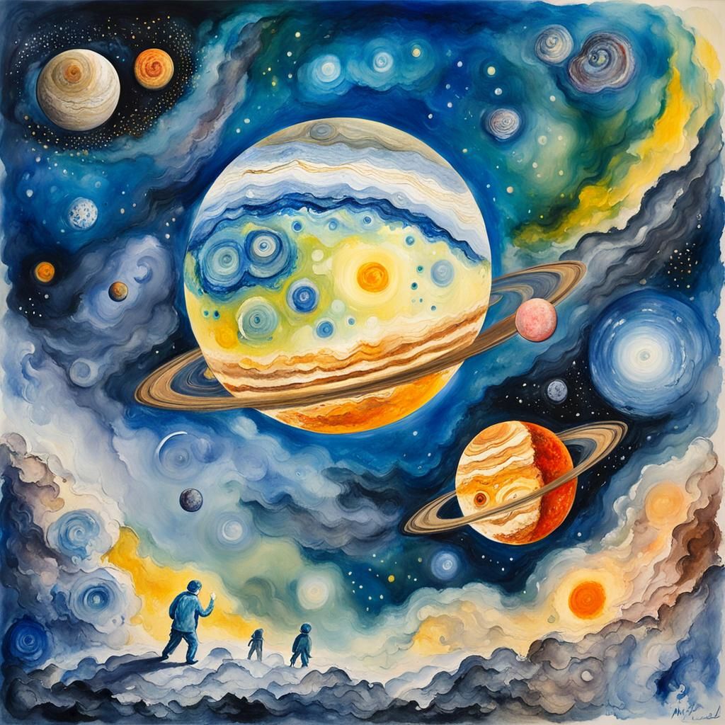 Jupiter and Moons in Gouache Impressionist Style