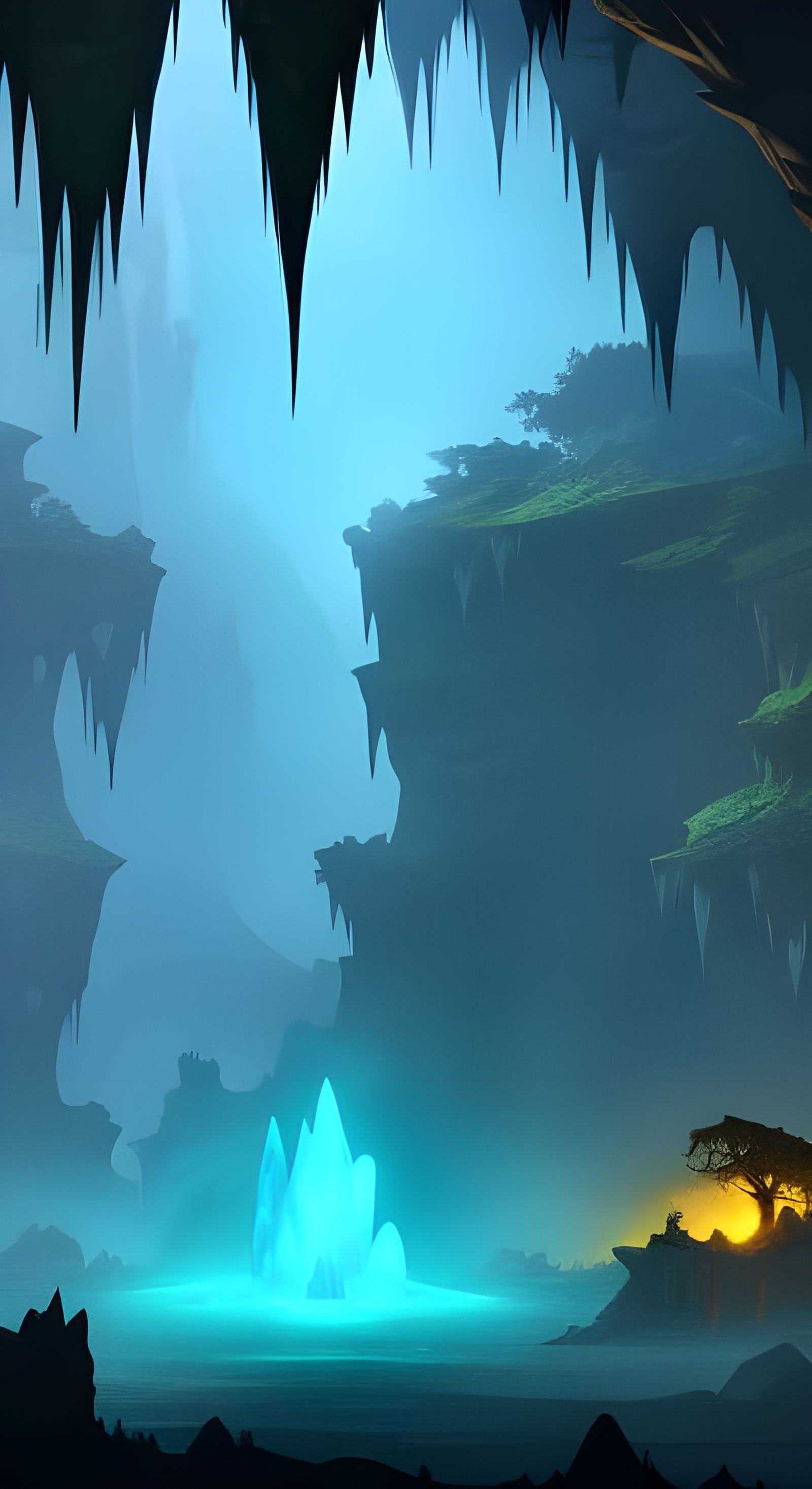 Ethereal Glowing Tree in Misty Underground Cave