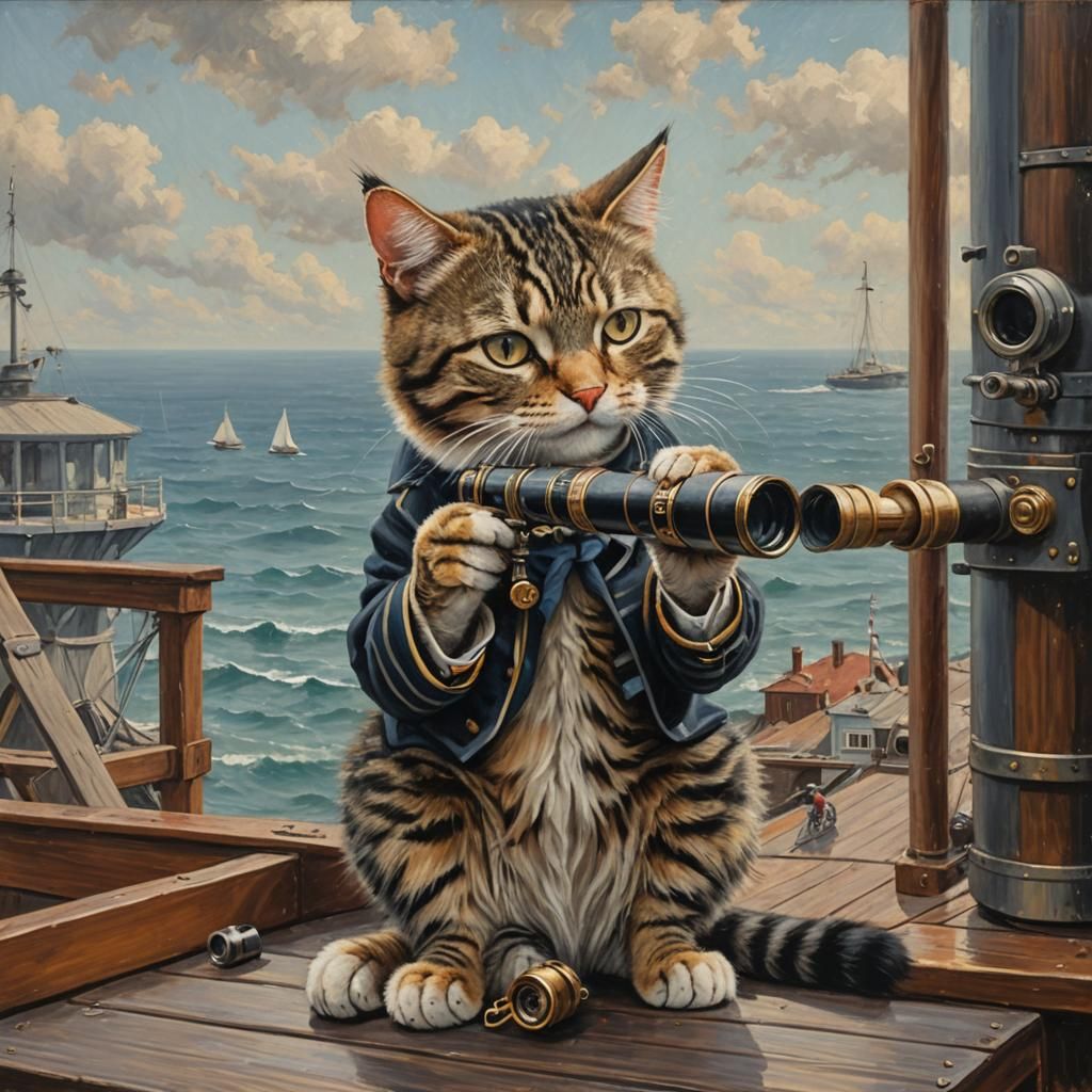 Striped Cat Observes Stars: Oil Painting Style