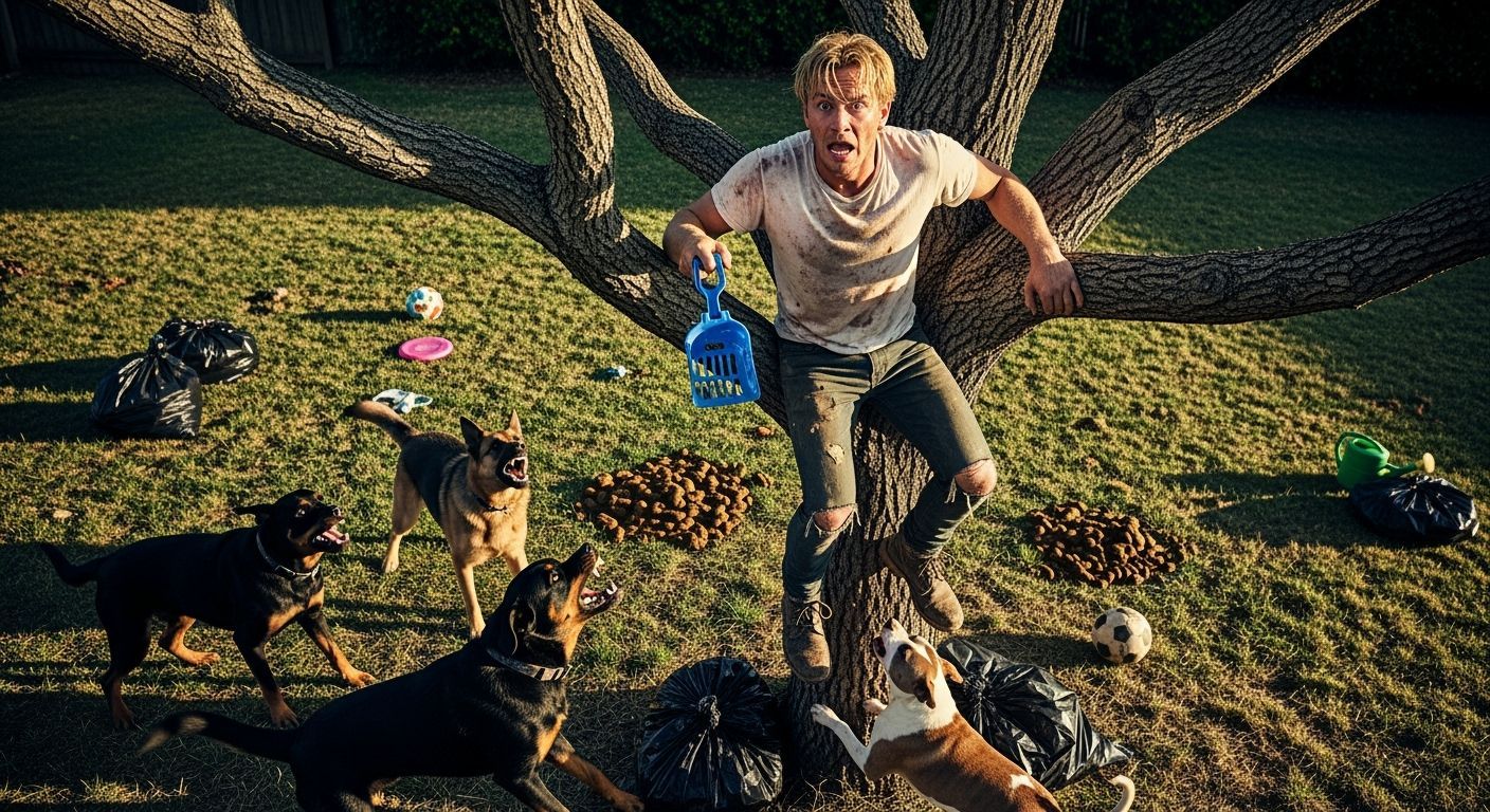 Perched Man with Pooper Scooper in Chaotic Backyard