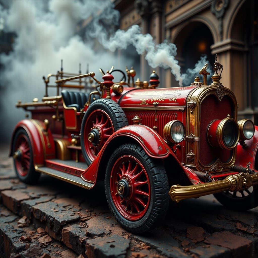 Vintage Fire Engine Dissolving into Smoke: Photorealistic Ar...