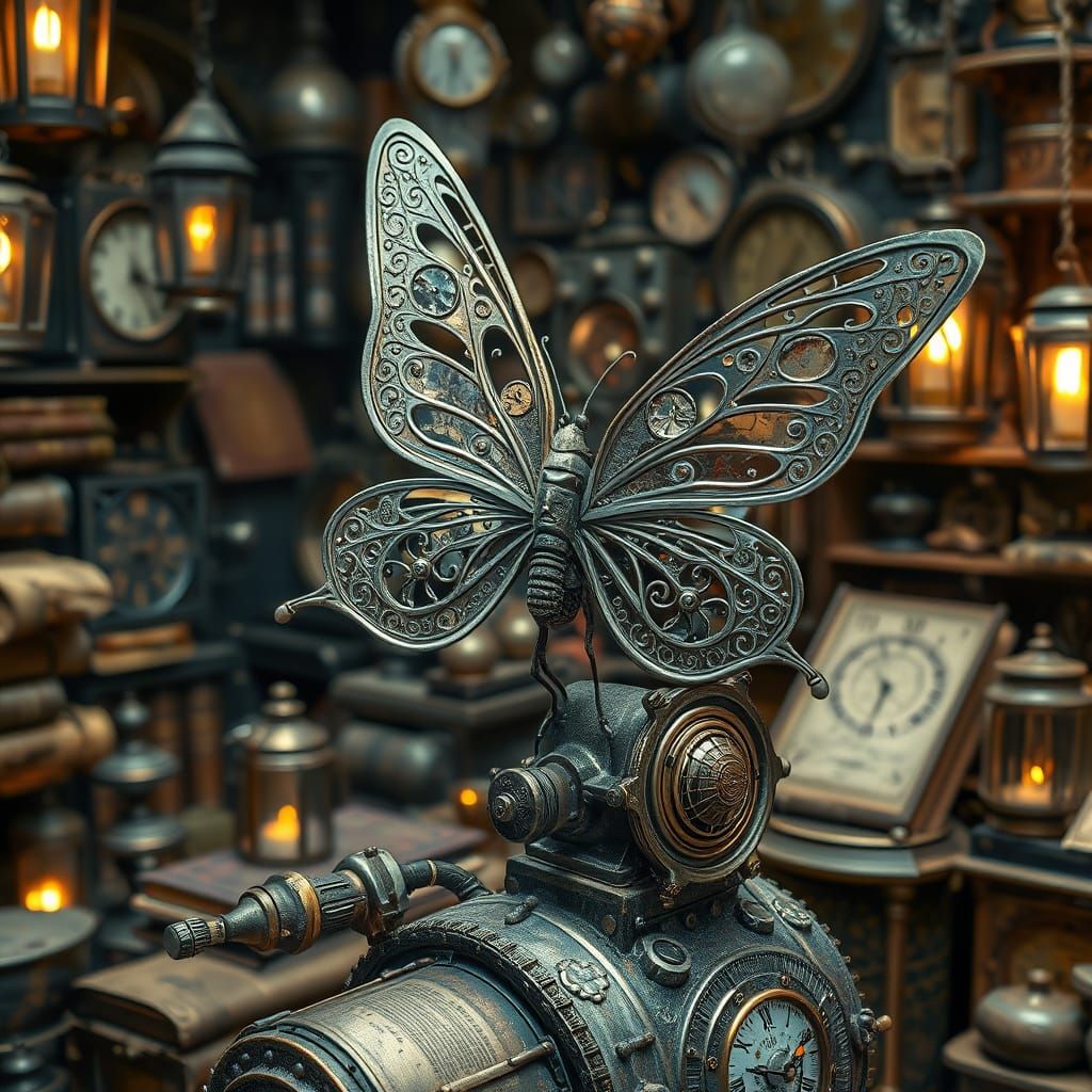 Mechanical Butterfly on Steampunk Engine