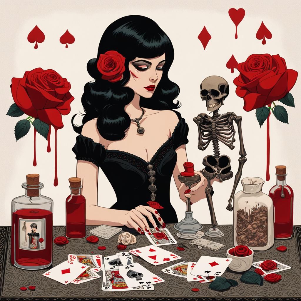 Sinister Woman with Cards and Roses