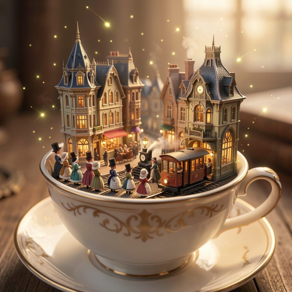 Miniature Victorian City in Teacup with Firefly Glow