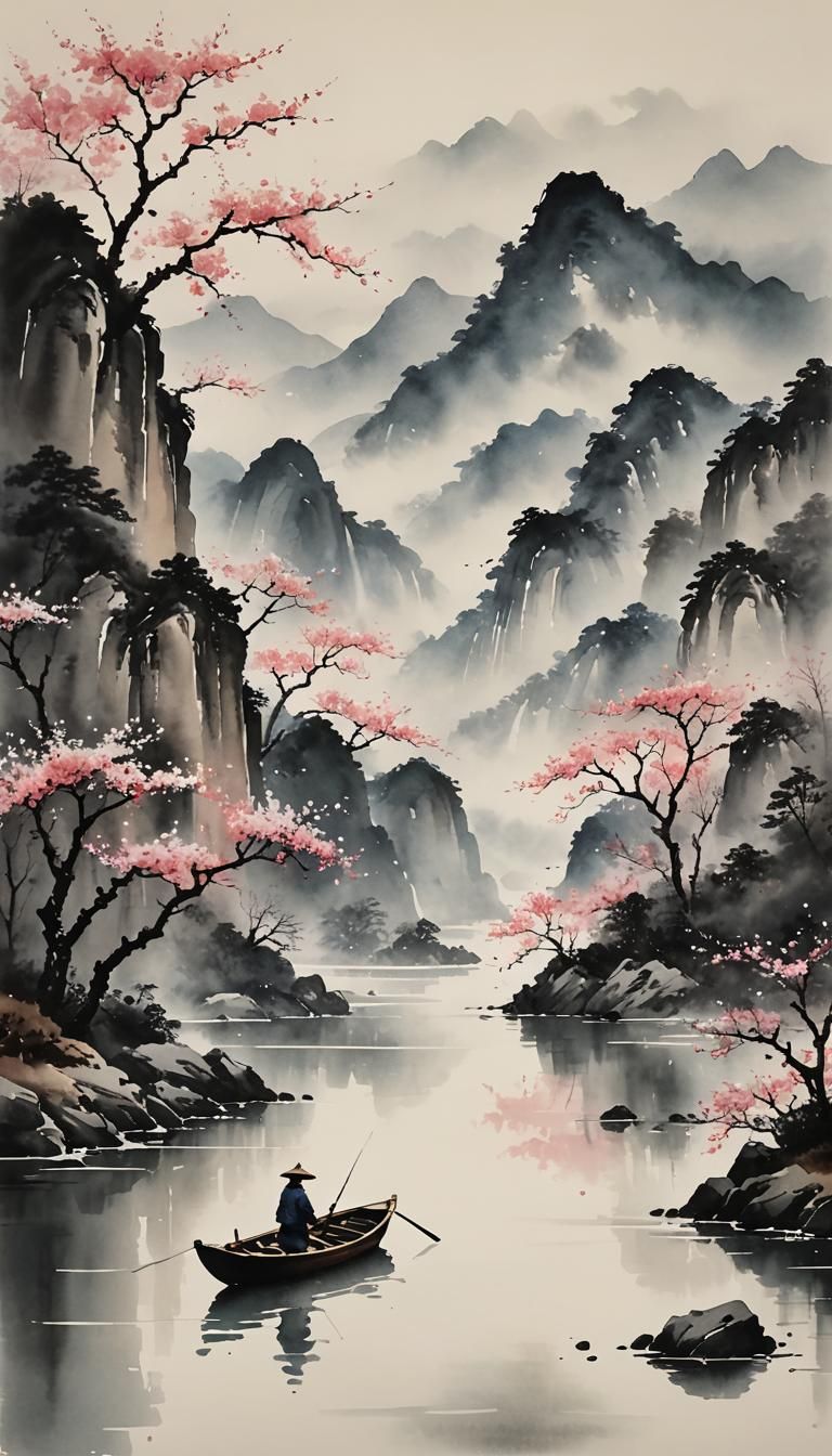 Ethereal Angler Scene in Chinese Ink Painting