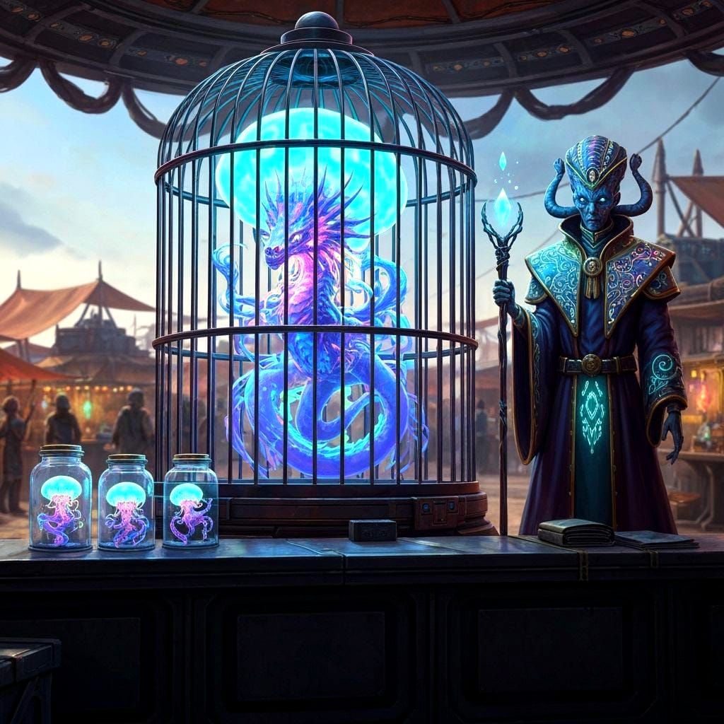 Bioluminescent Dragon-Jellyfish in Alien Marketplace