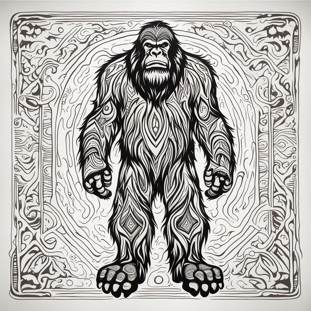Bigfoot in Tribal Art Line Drawing