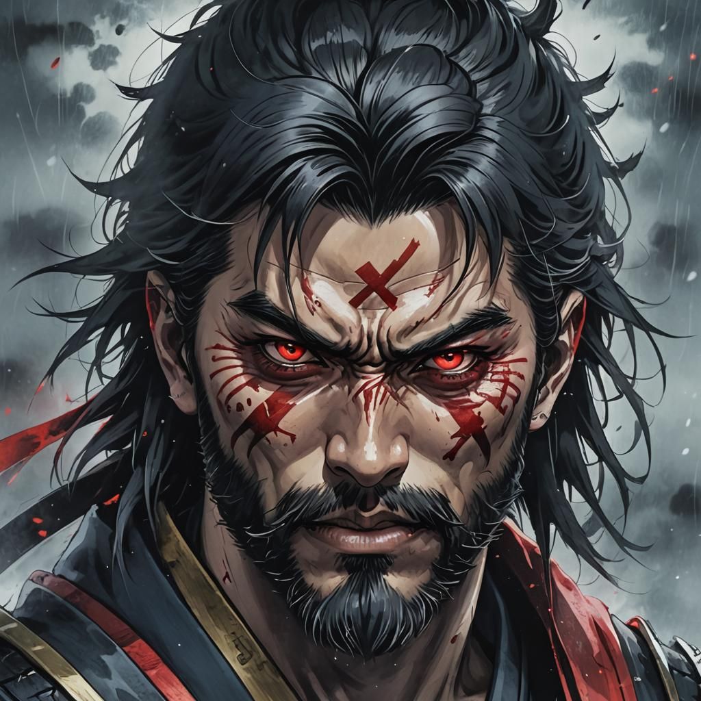 Cursed Samurai Portrait in Dark Manga Style