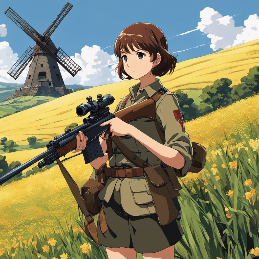 Anime Girl Defends Windmill With Rifle