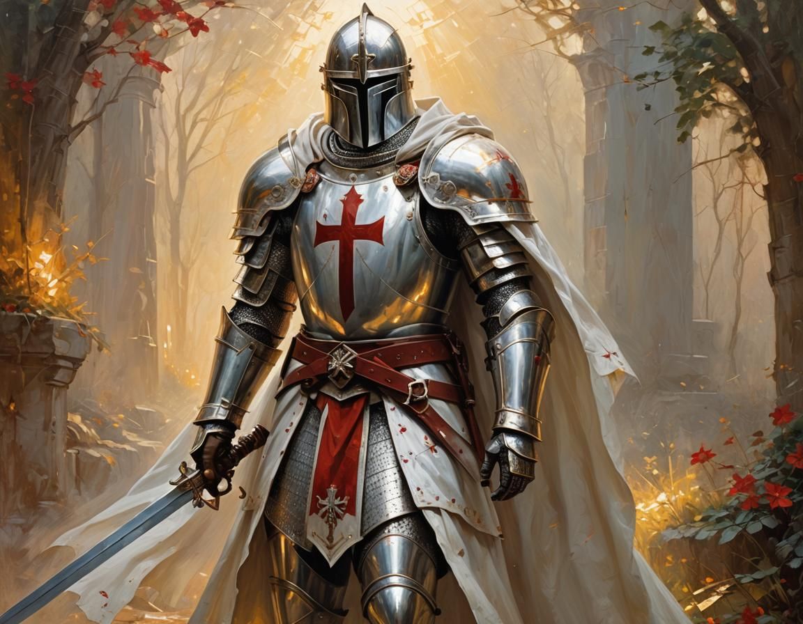 Majestic Templar Knight in Shining Armor, Oil Painting