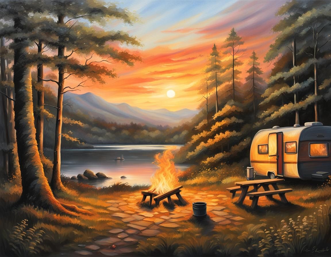Scottish Lochside Campsite at Sunset: Oil Painting
