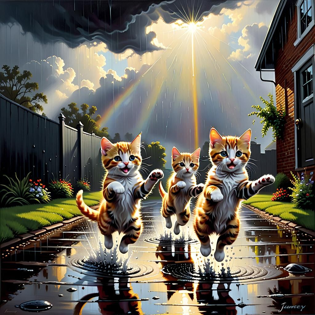 Cute Kittens Jumping in Puddles as Oil Painting