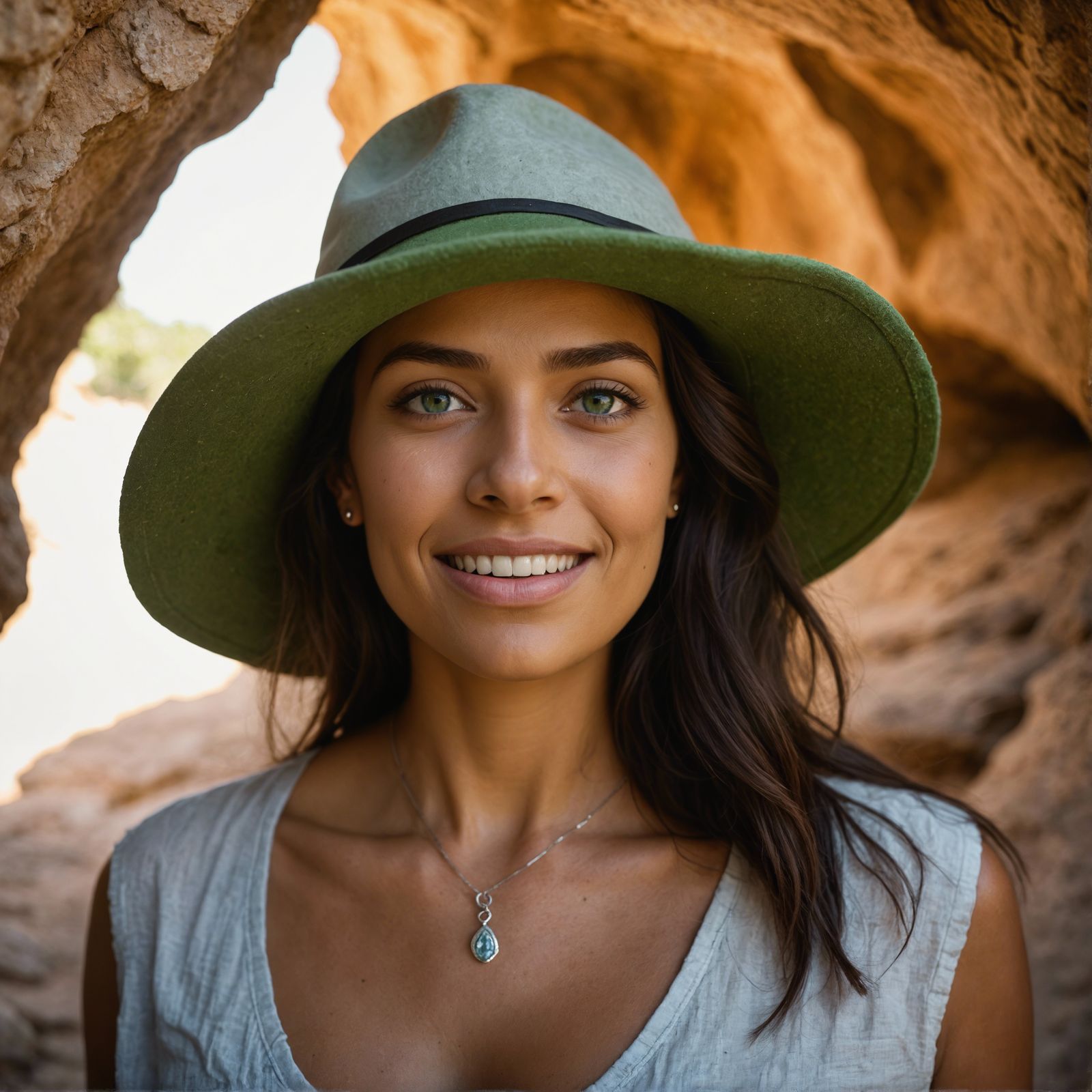 Latina Woman Portrait with Green Eyes and Bushy Eyebrows