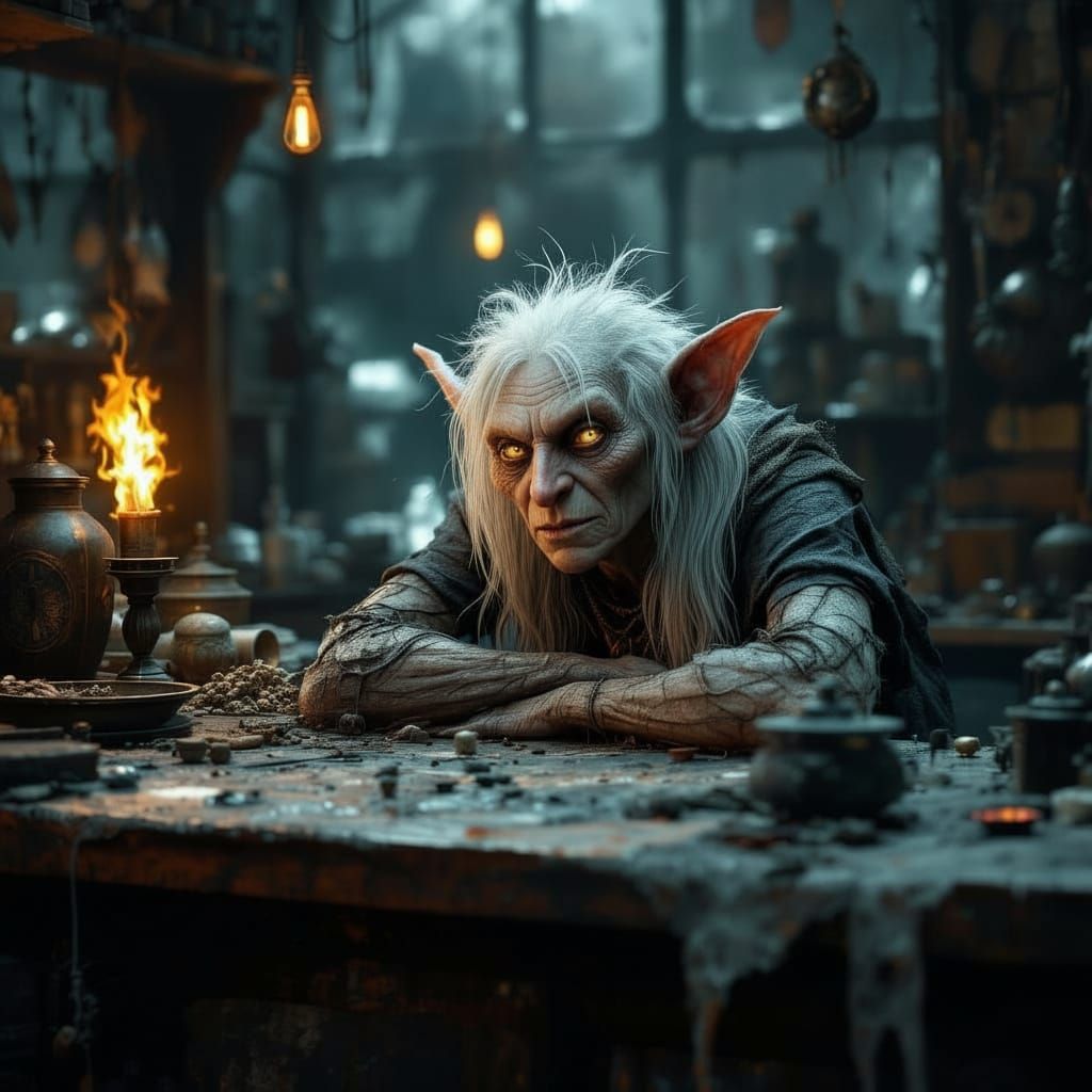 Old Gnome Shopkeeper in Magical Junk Shop