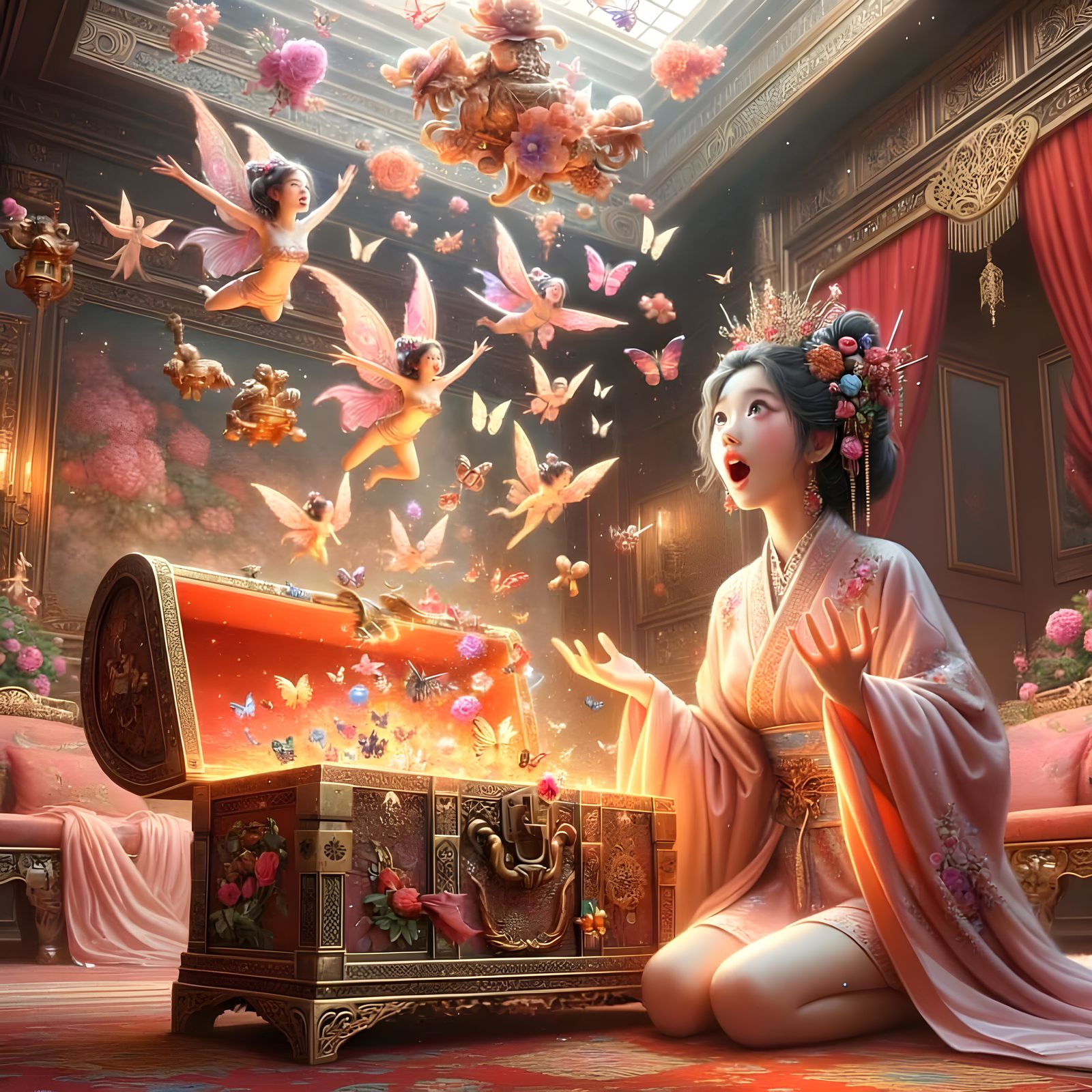 Asian Princess Discovering Enchanted Fairies