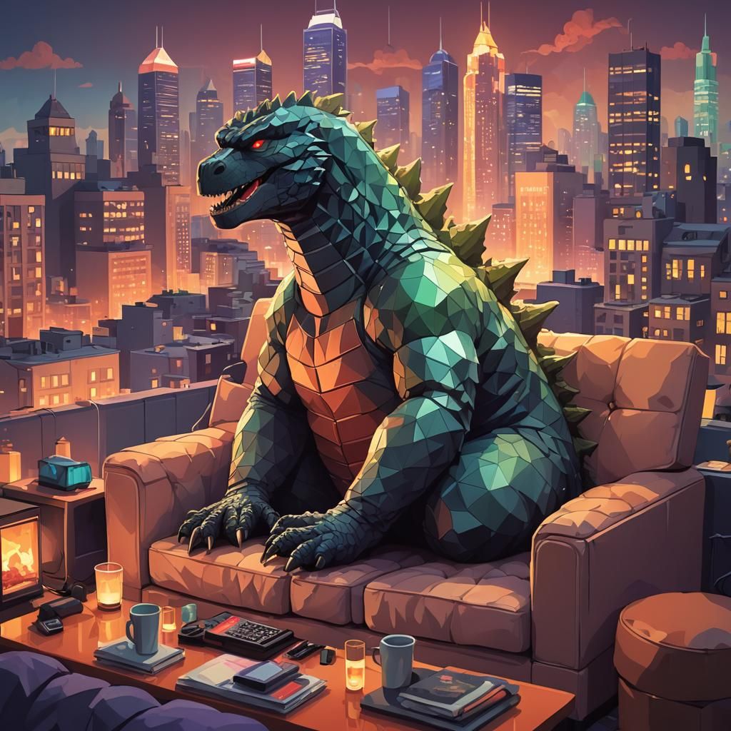 Godzilla Sleeping on Couch in Low-Poly Art