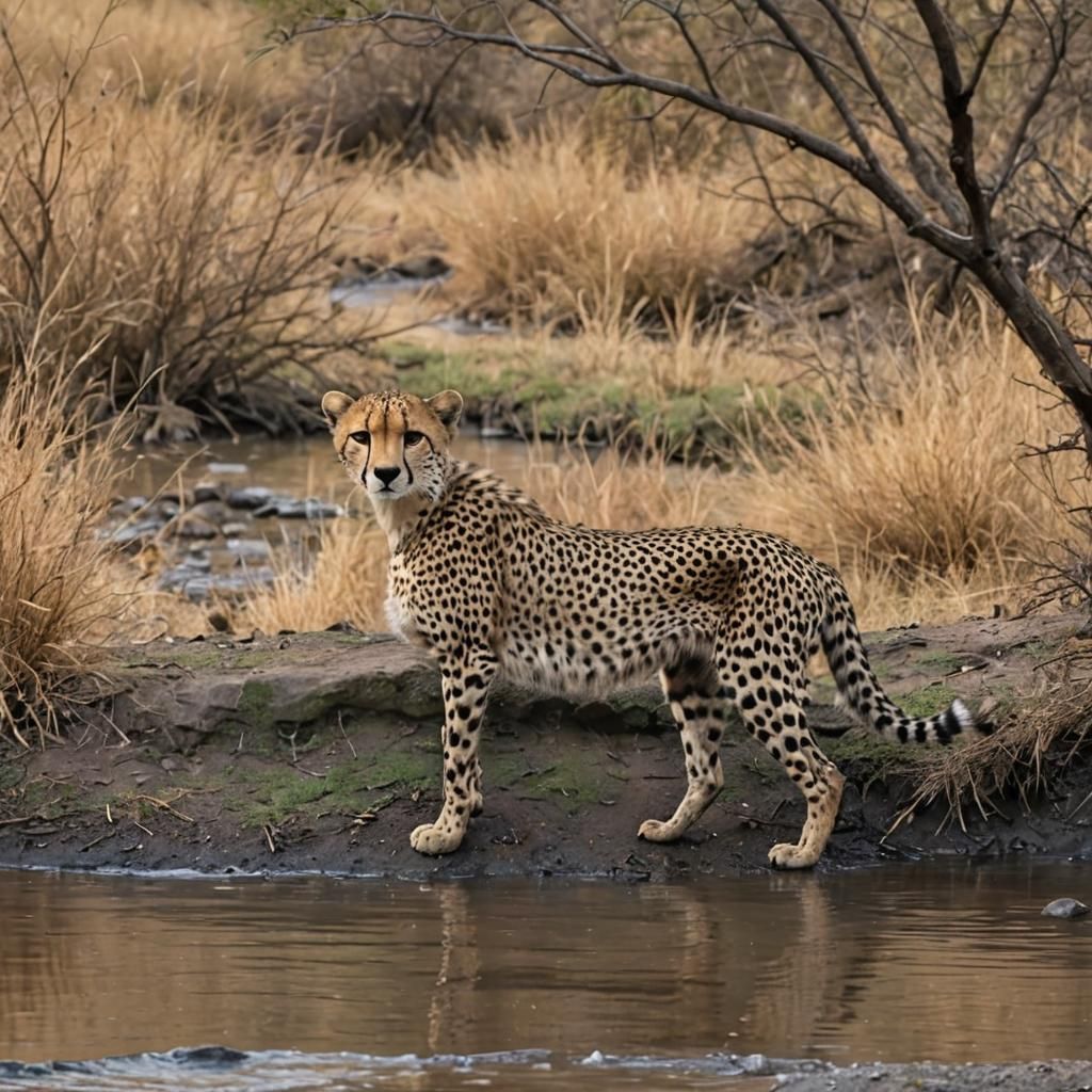 Cheetah by a Stream: Wildlife Image