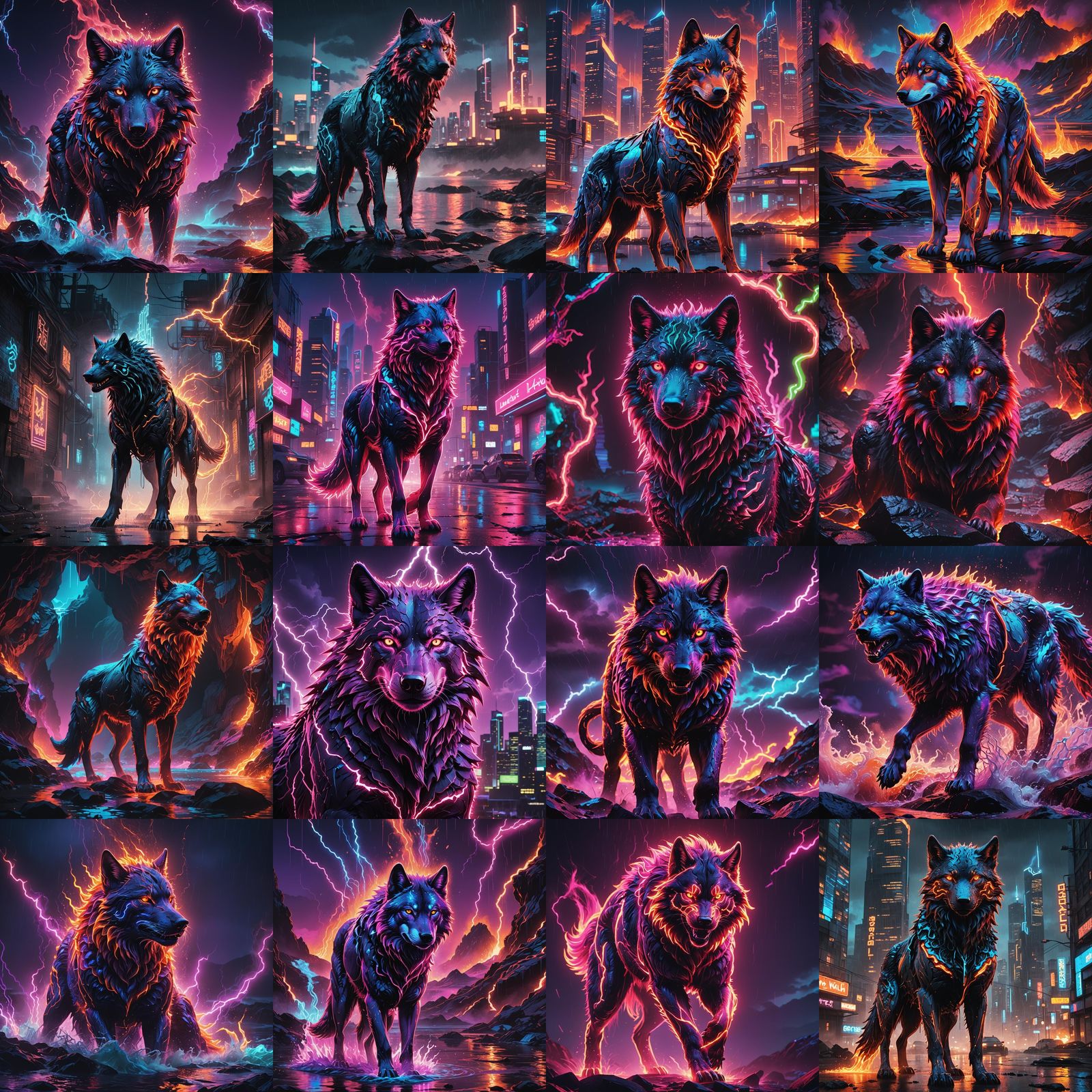 Synthwave Neon Lava Wolf Fusion