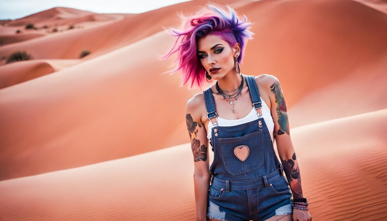 Punk Rock Woman Posing on Sand Dune in Watercolor