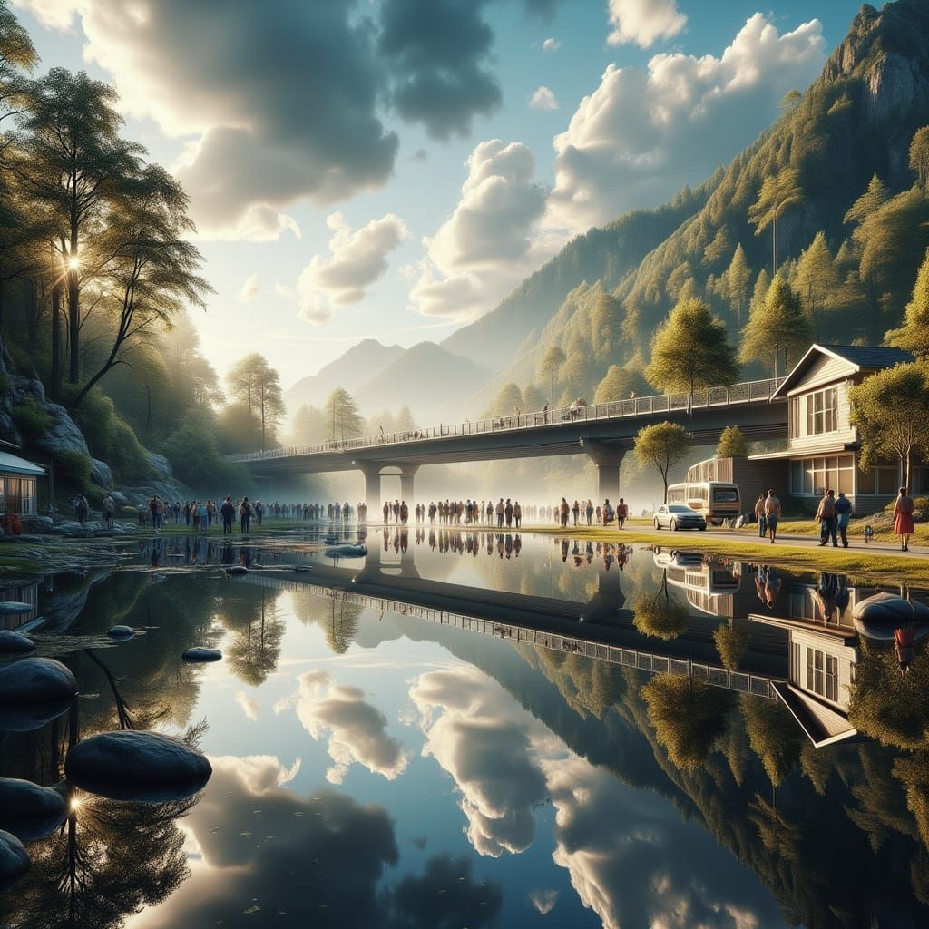 Serene Waterside Scene with Hyperrealistic Details