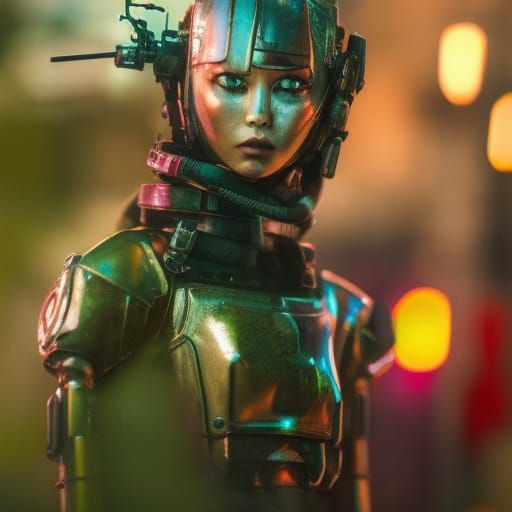 Cyberpunk Robot Wizard Amidst Dandelions and Graffiti