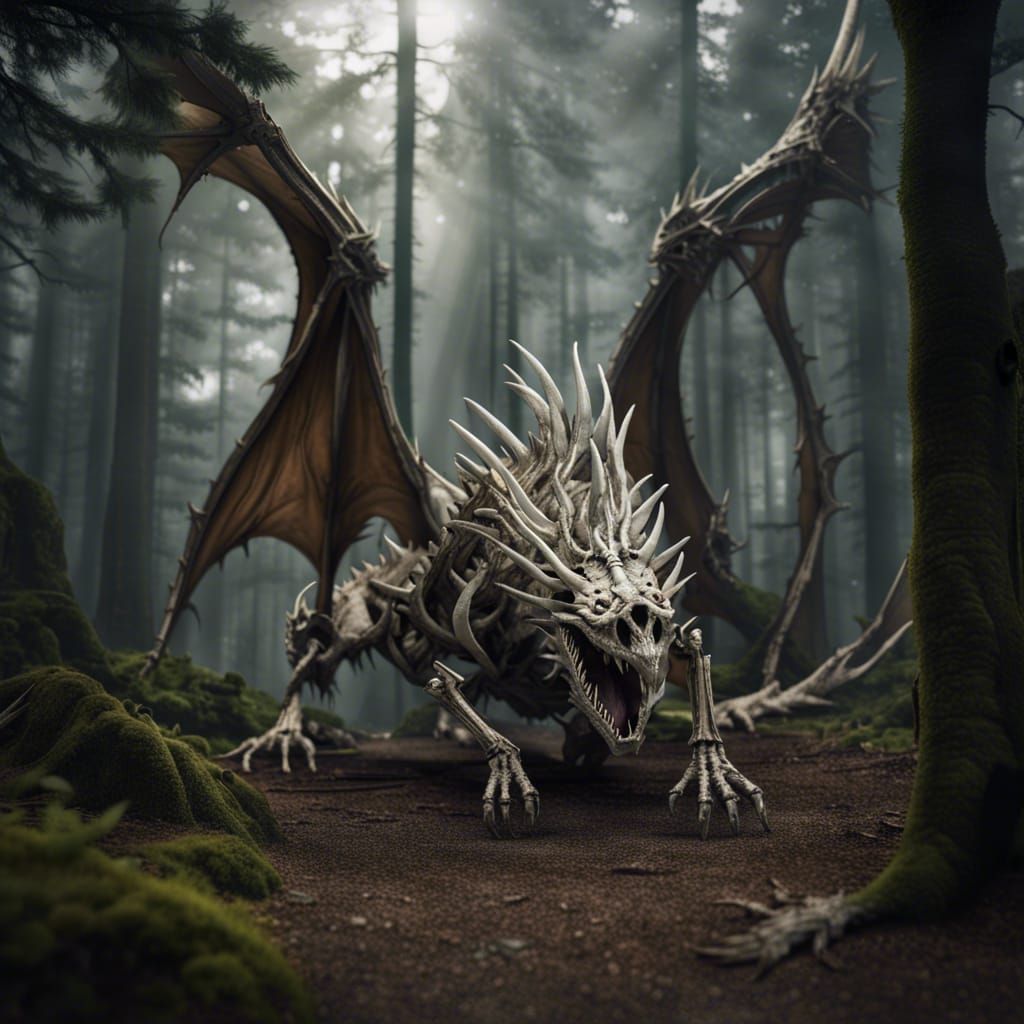 Mountain-Sized Dragon Skeleton in Haunted Forest