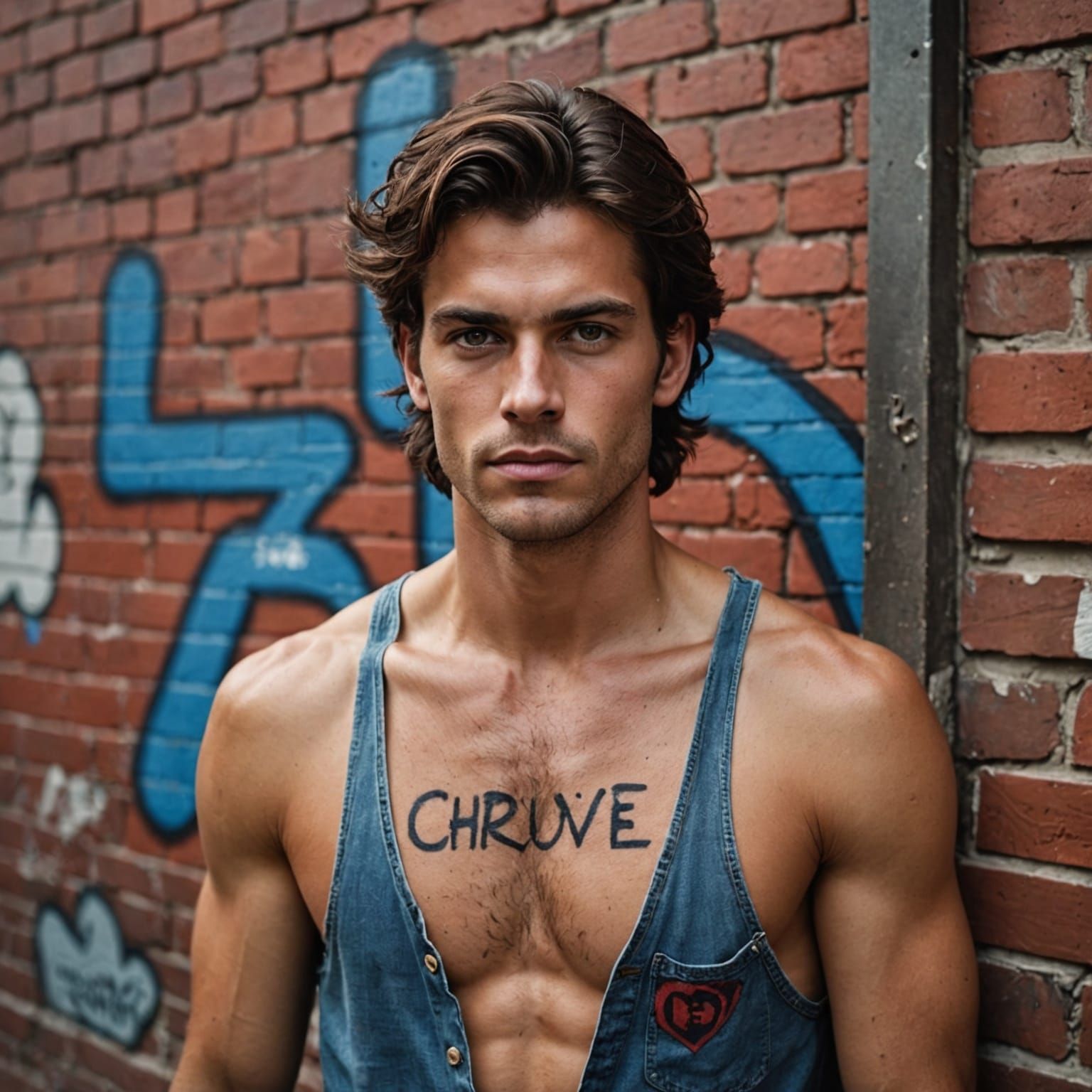 A extremely handsome man with chocolate brown hair and amber brown eyes, he is bare chested he has some hair on his ches...