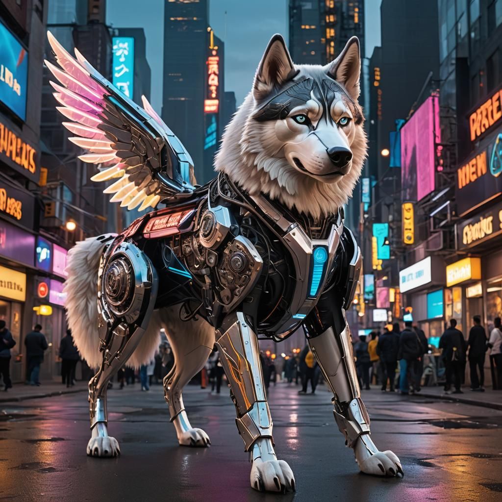 Cybernetic Husky Over New York in Cyberpunk Style