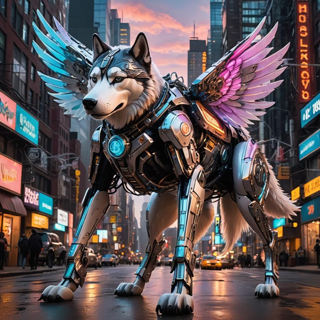 Cybernetic Husky Soaring Over Futuristic Metropolis