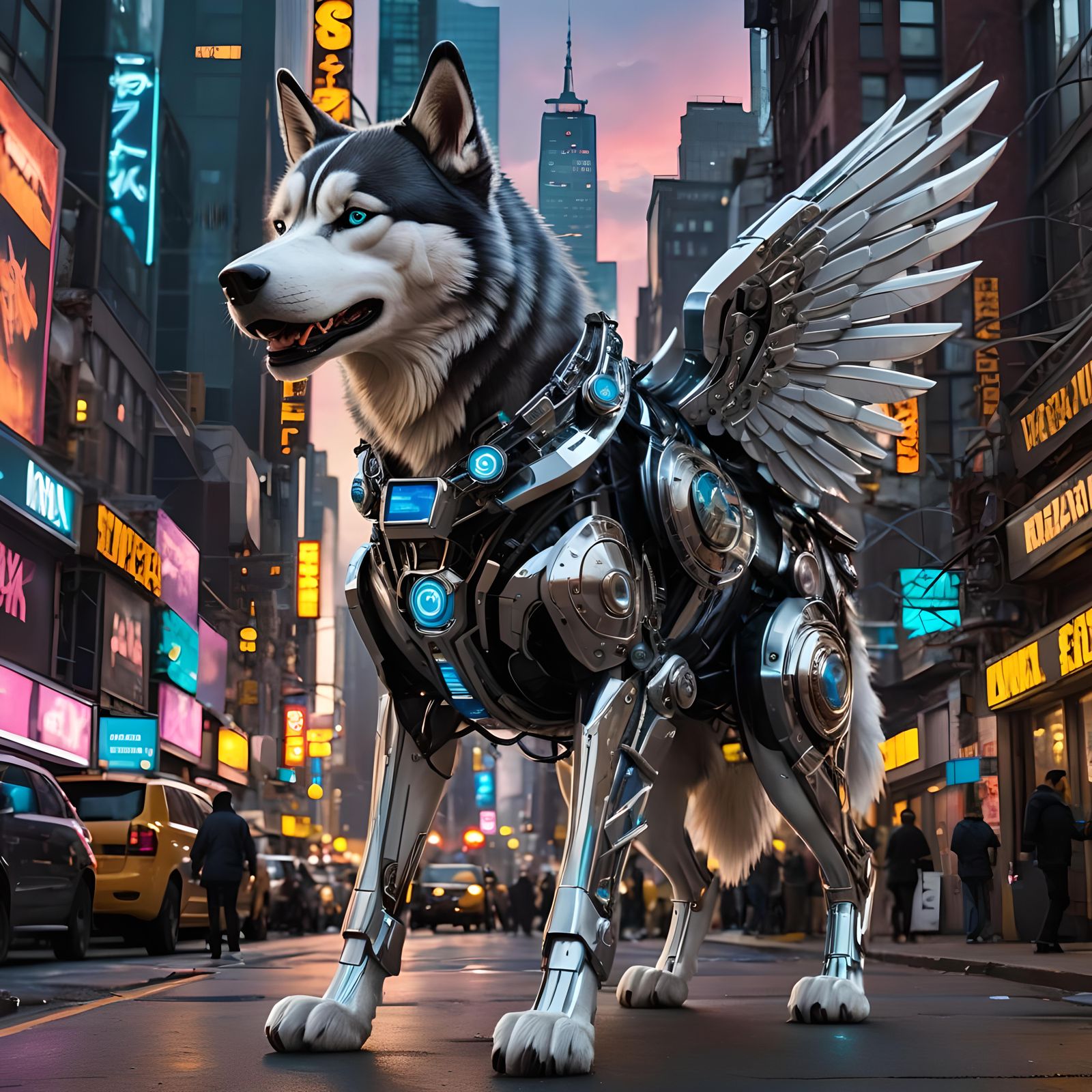 Cybernetic Husky Soaring Over Futuristic Metropolis
