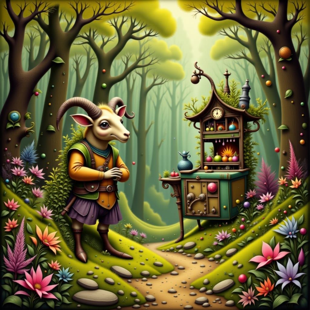 Enchanted Forest Farmstand Run by Ram: Oil Painting