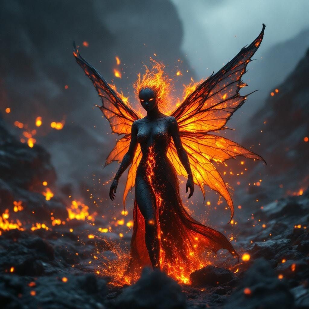 Epic Fire Fairy in Volcanic Landscape