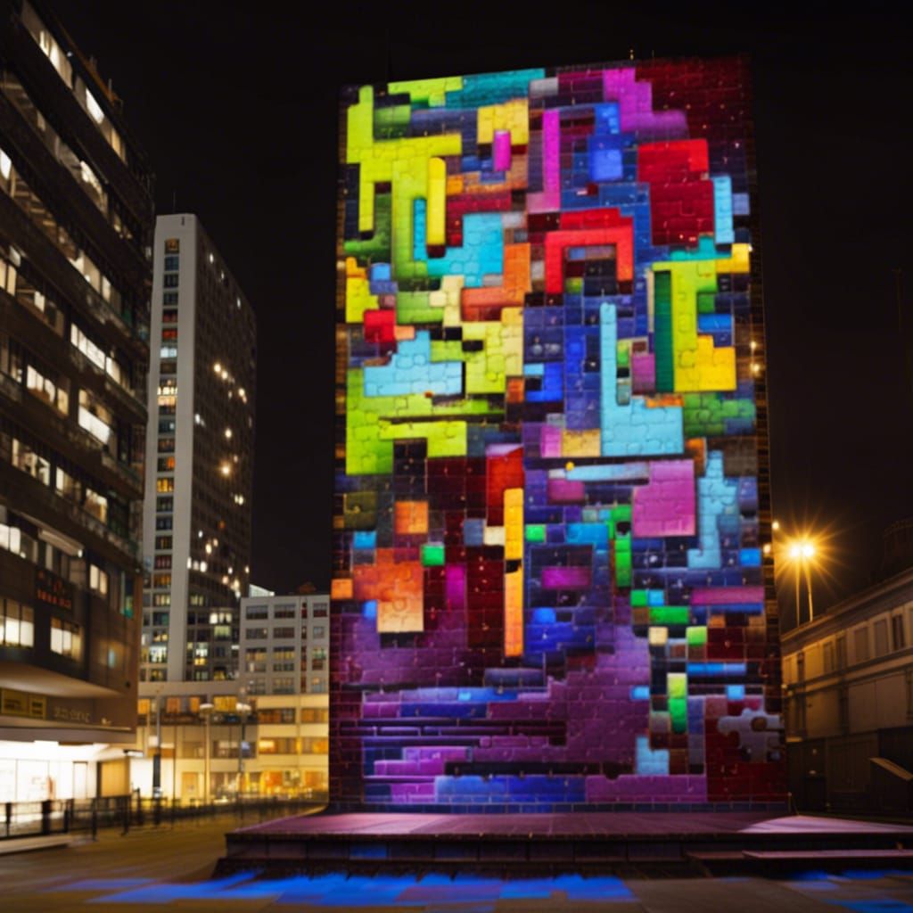 Tetris Game Night Cityscape in Graffiti Art Style