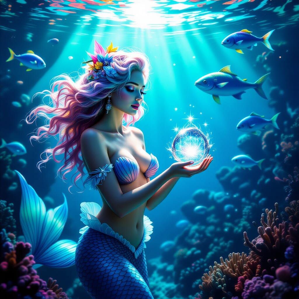 Vibrant Underwater Marketplace with Mermaids and Sea Creatur...