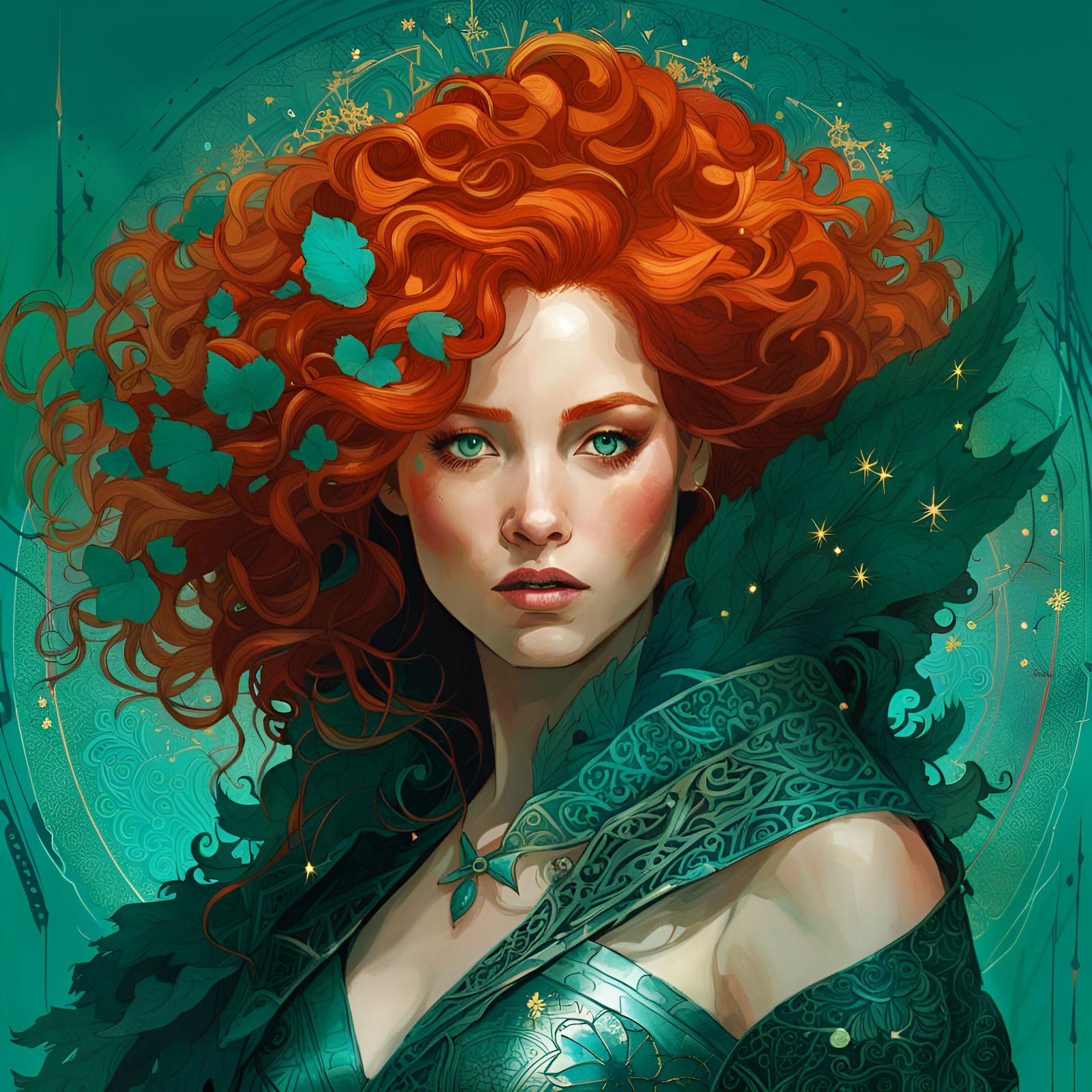 Princess Merida Portrait with Teal Filigree