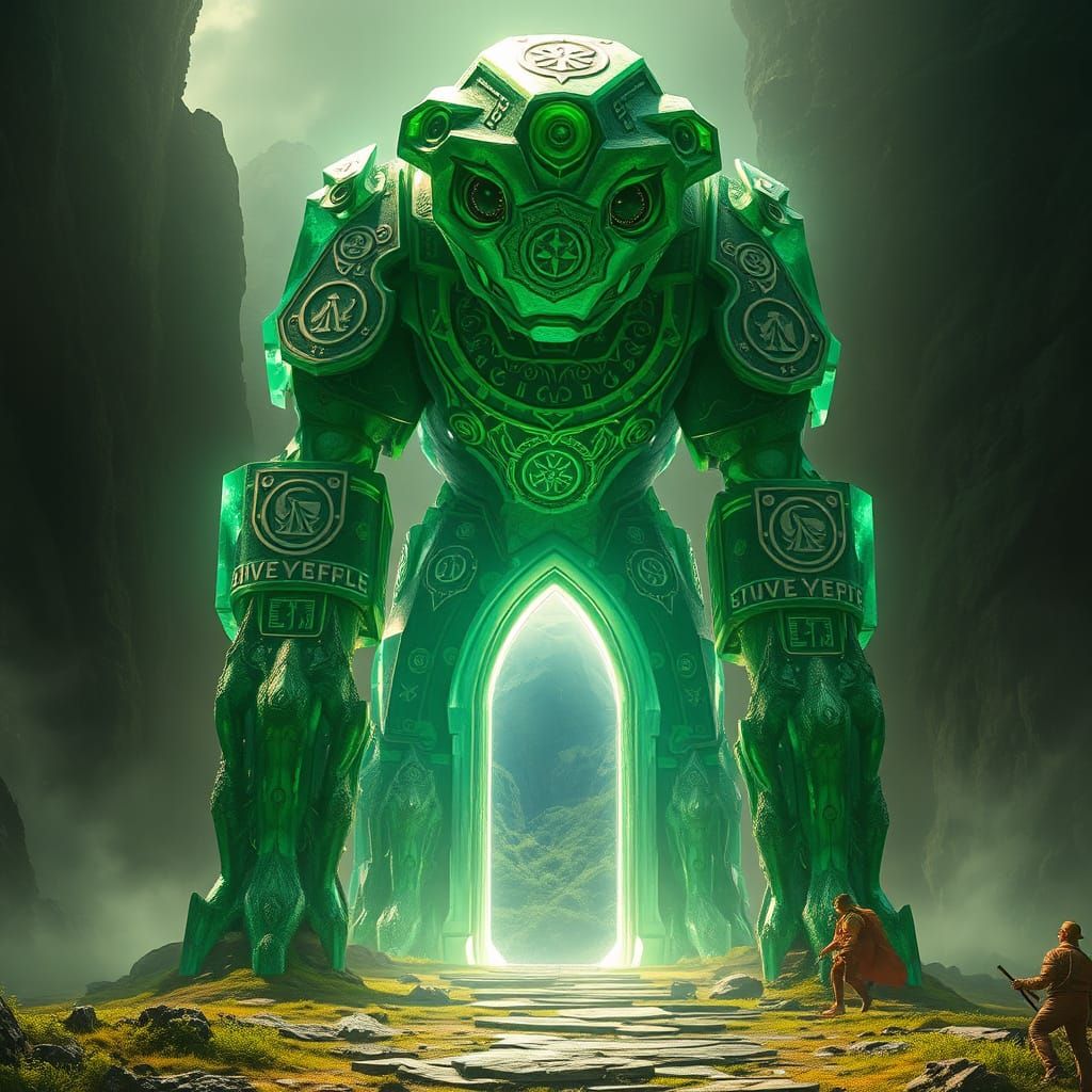 Emerald Golem Guarding a Portal: Surrealist Fantasy
