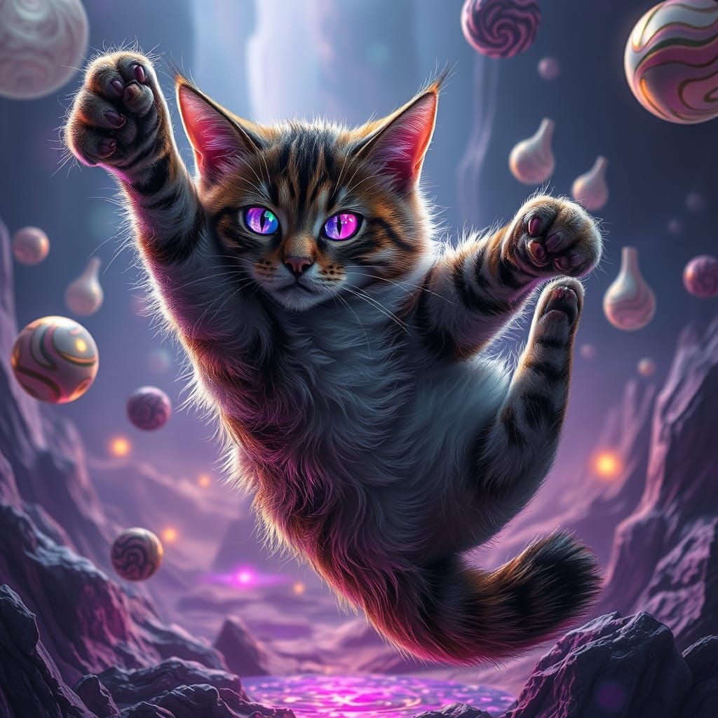 Surreal Cat in Gravity-Defying Pose