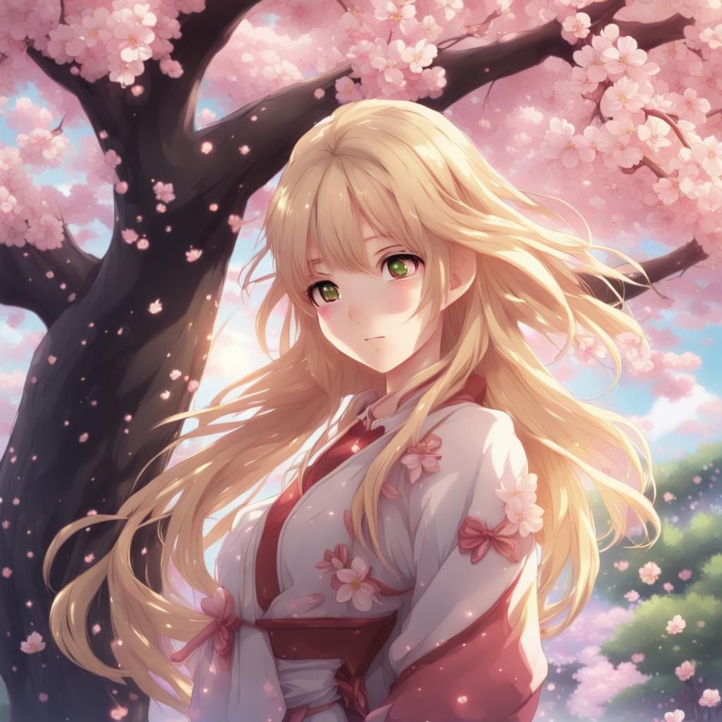 Anime blonde girl under cherry blossom tree in Spring