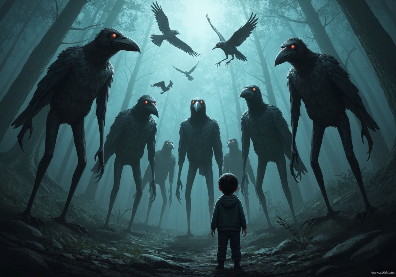 Child Gazes Up at Sinister Crow Creatures in Dark Forest