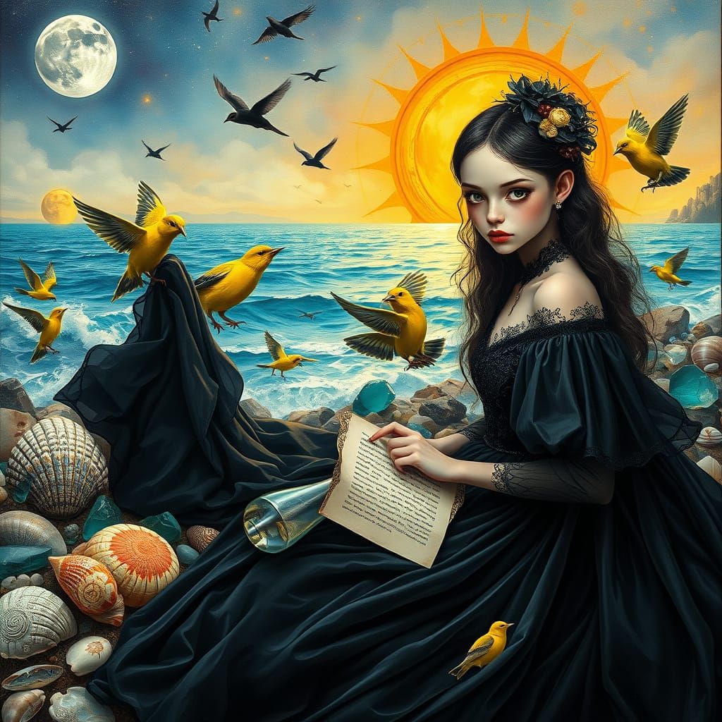 Surreal Gothic Girl Amidst Ocean Shells and Tesseract Motif