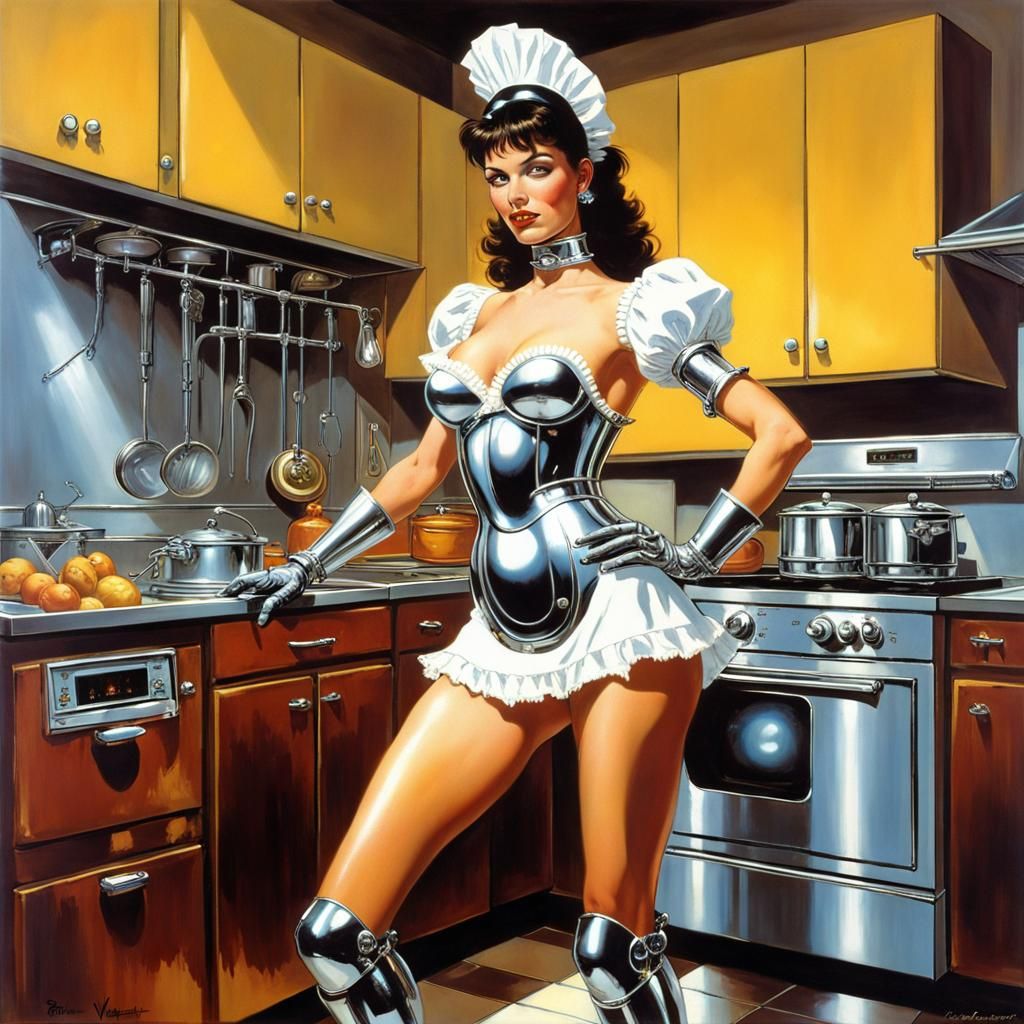 Chrome Robotic Maid in Atompunk Kitchen