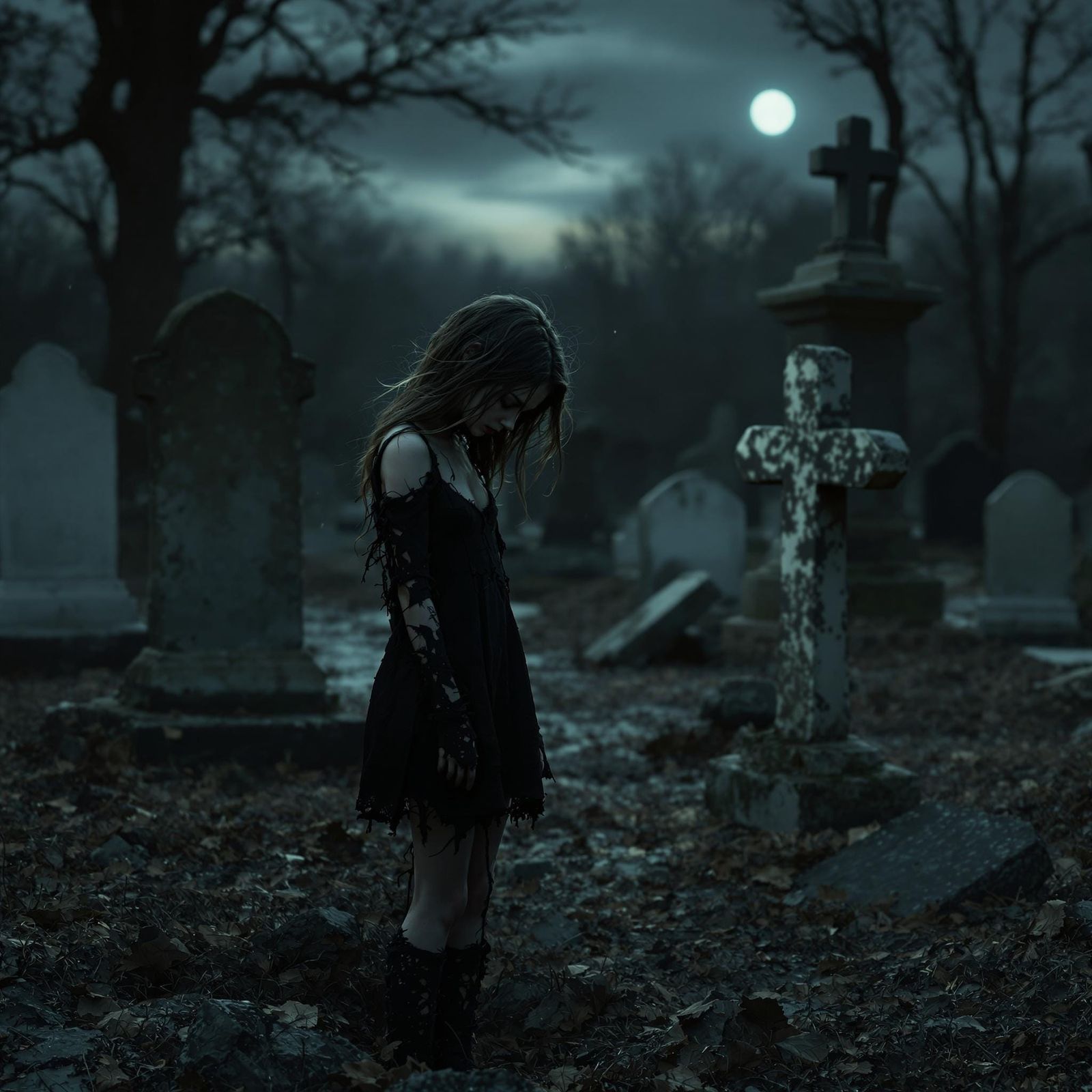 Girl Standing Alone in Cemetery Under Moonlight
